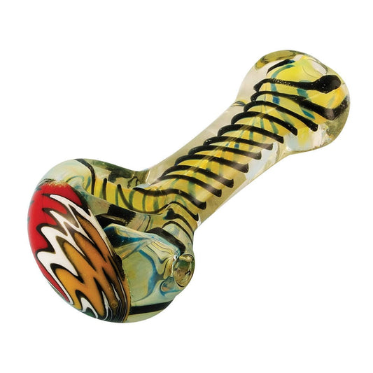 A close-up, angled view of the Multicolor Glass Spoon Pipe W/ Twists, showcasing its colorful glass and twisted design.