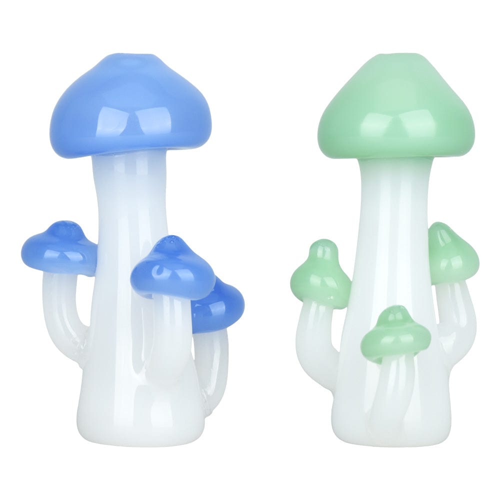 Front view of the 3-inch Mushroom Quartet Chillum, showcasing four connected blue glass stems against a plain white background.