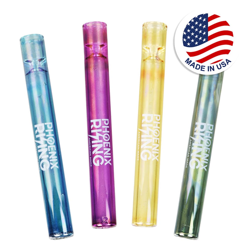 A close-up, angled view of the Phoenix Rising Full Metallic One Hitter, showcasing its metallic finish and compact 4-inch size.