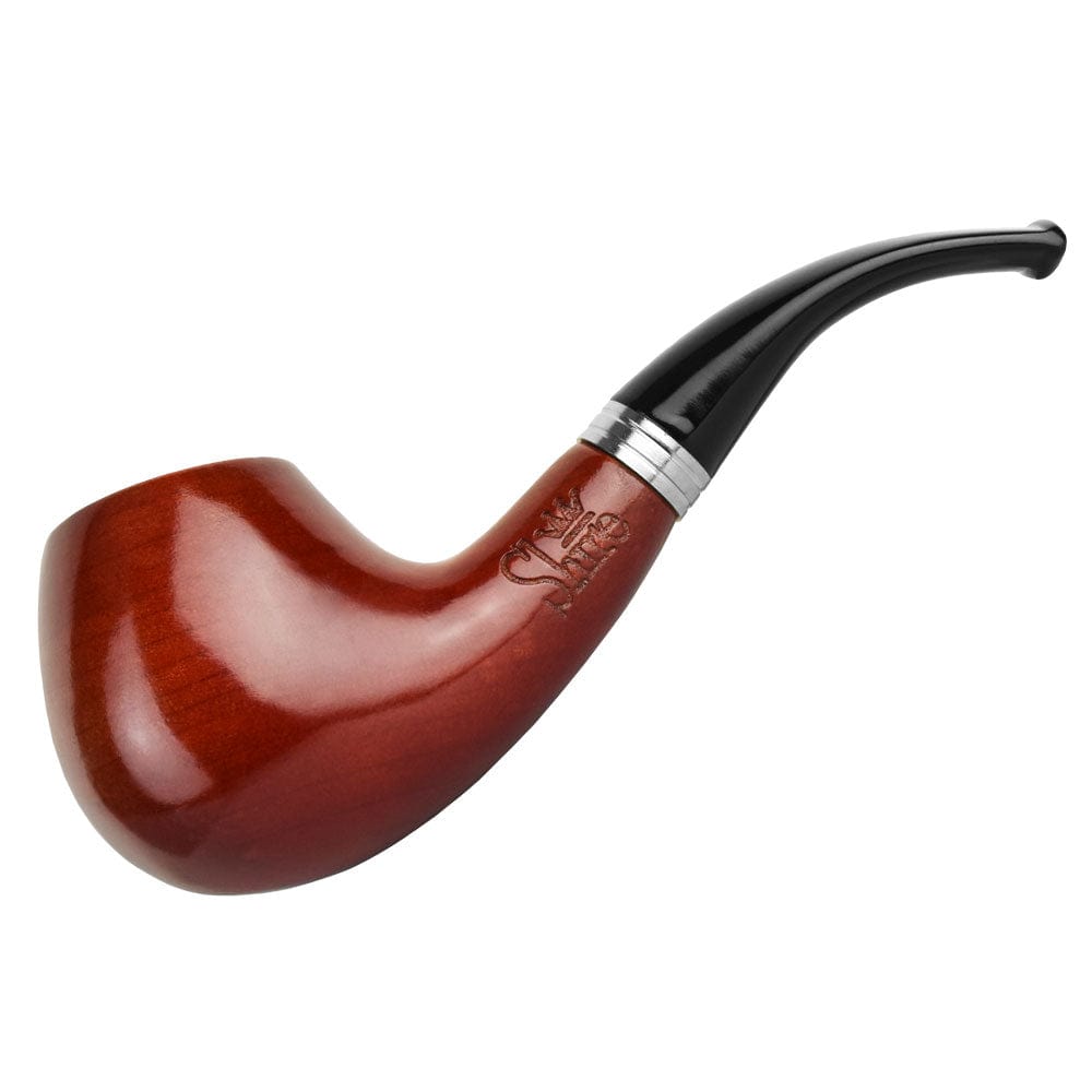 A close-up side view of the Pulsar Shire Pipes Bent Apple Cherry Wood Tobacco Pipe, showing its curved bowl and polished finish.