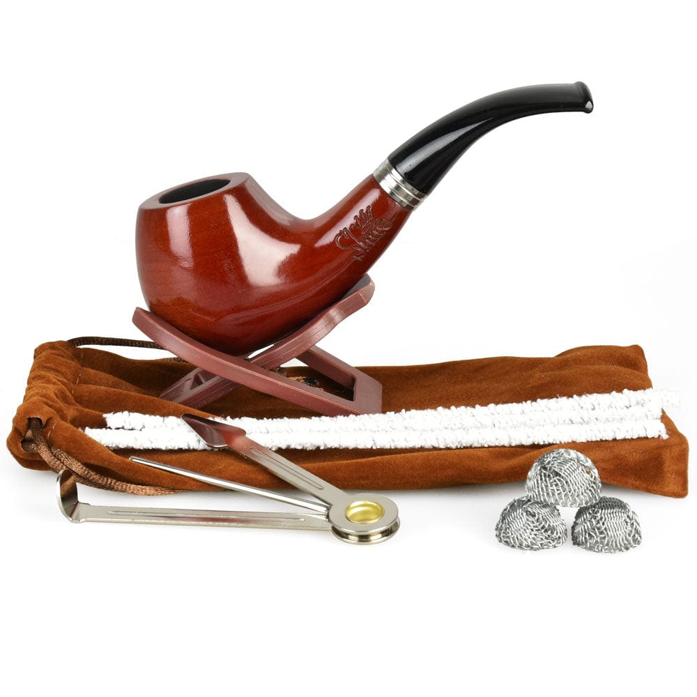 The Pulsar Shire Pipes Bent Apple Cherry Wood Tobacco Pipe is displayed in a three-quarter view with a brown protective pouch.