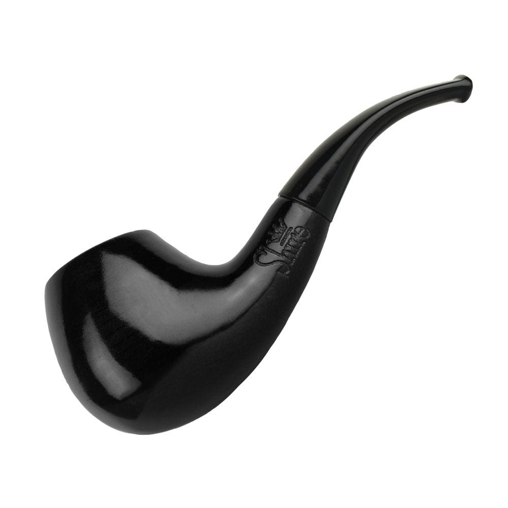 A side view of the Pulsar Shire Pipes Bent Ebony Cherry Wood Tobacco Pipe, showing its curved shape and dark finish.