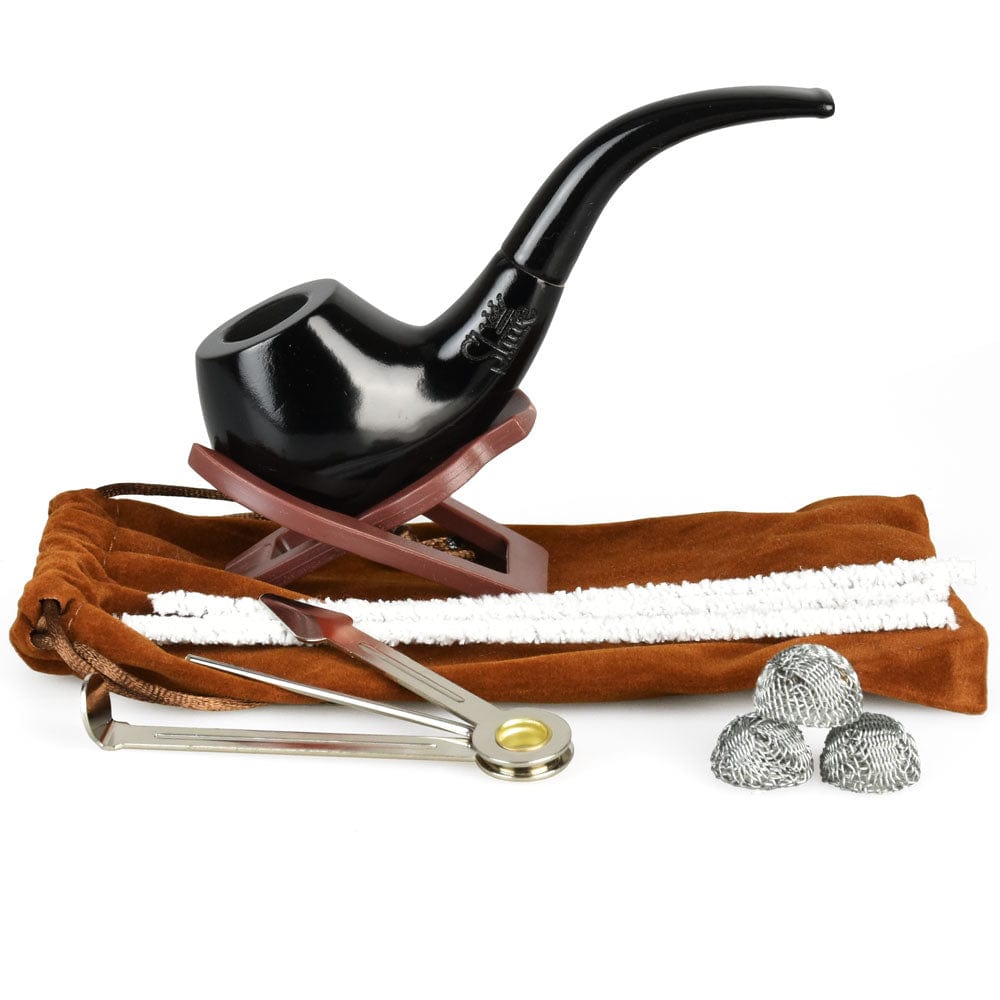 A three-quarter view of the Pulsar Shire Pipes Bent Ebony Cherry Wood Tobacco Pipe resting on a folded burgundy cloth.