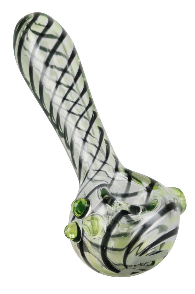 A close-up, angled view of the Pulsar UV Candy Stripe Spoon Pipe, showcasing its colorful striped pattern and curved bowl.