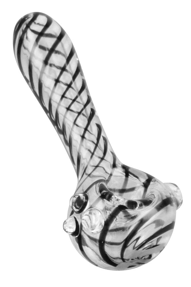 A close-up, angled view of the Pulsar UV Candy Stripe Spoon Pipe, showcasing its colorful striped pattern against a plain white background.