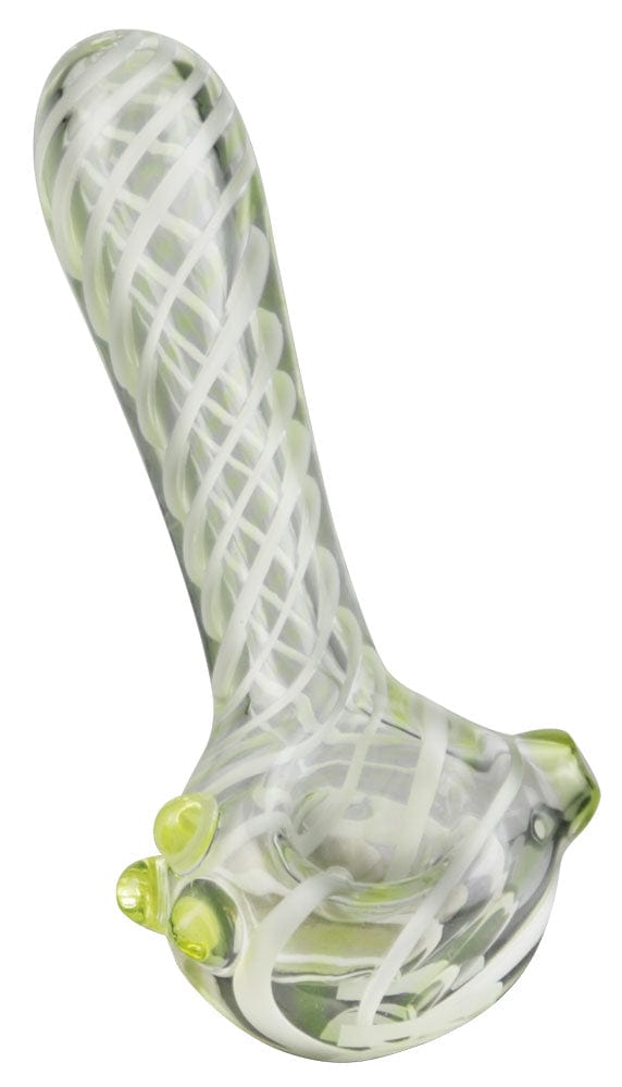 A close-up, angled view of the Pulsar UV Candy Stripe Spoon Pipe, showcasing its striped glass pattern.