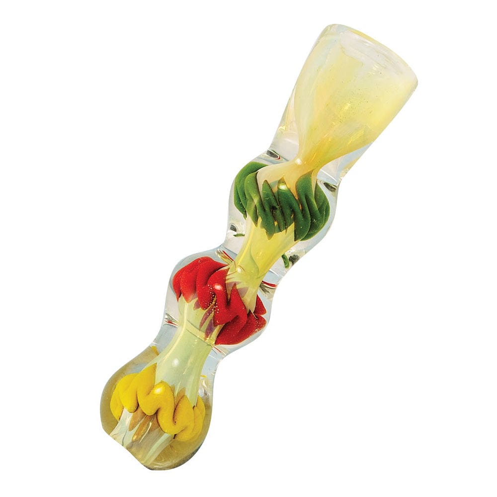 A close-up, angled view of the Rasta Color Glass Chillum Pipe, showcasing its vibrant, multi-colored glass design.
