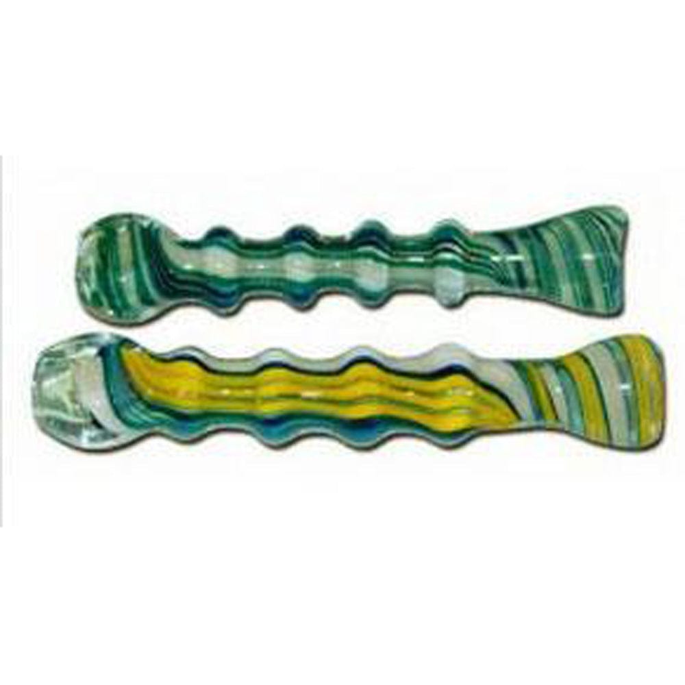 A close-up, angled view of the Ribbed Twisted Stripe Glass Tobacco Taster-3.75" with colorful stripes and a textured, ribbed design.
