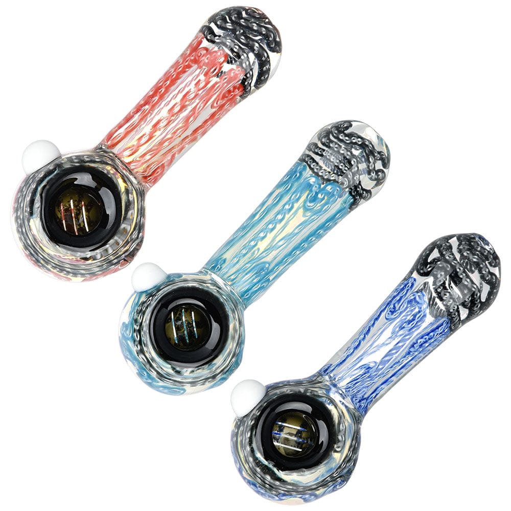 A close-up, angled view of the Simply Squiggled Glass Spoon Pipe, showcasing its colorful glass design and curved shape.