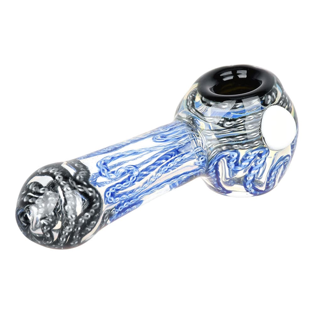 A close-up, angled view of the Simply Squiggled Glass Spoon Pipe, showcasing its colorful, swirled glass design.