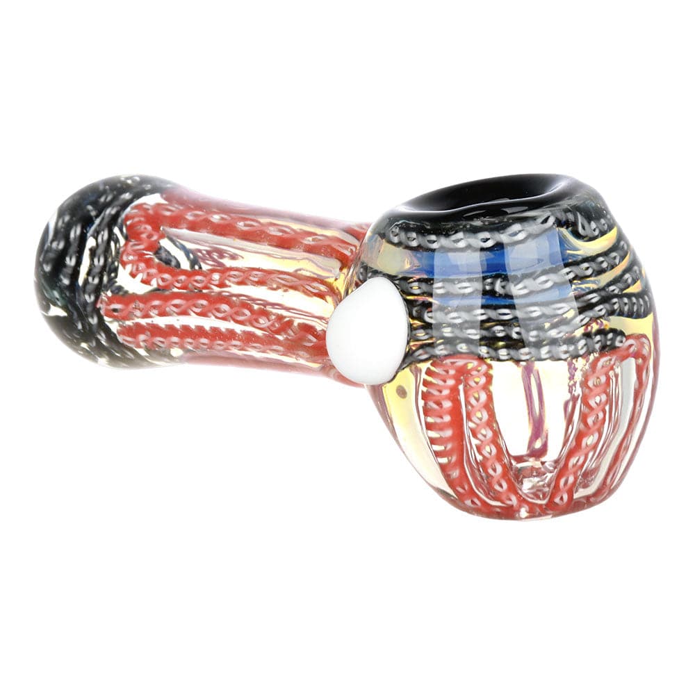 A close-up, angled view of the Simply Squiggled Glass Spoon Pipe, showcasing its colorful glass design.