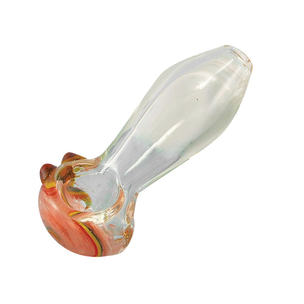 A slightly angled view of the Small Transparent Glass Spoon Pipe w/ Spiral, showcasing its clear glass and curved design.