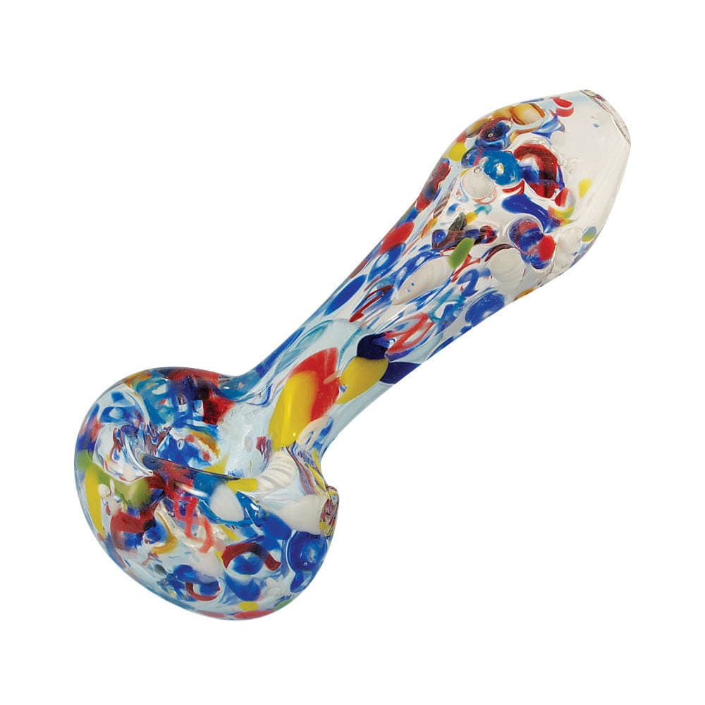 A side view of the Splatter Frit Glass Spoon Pipe, showcasing its colorful glass frit design and curved shape.