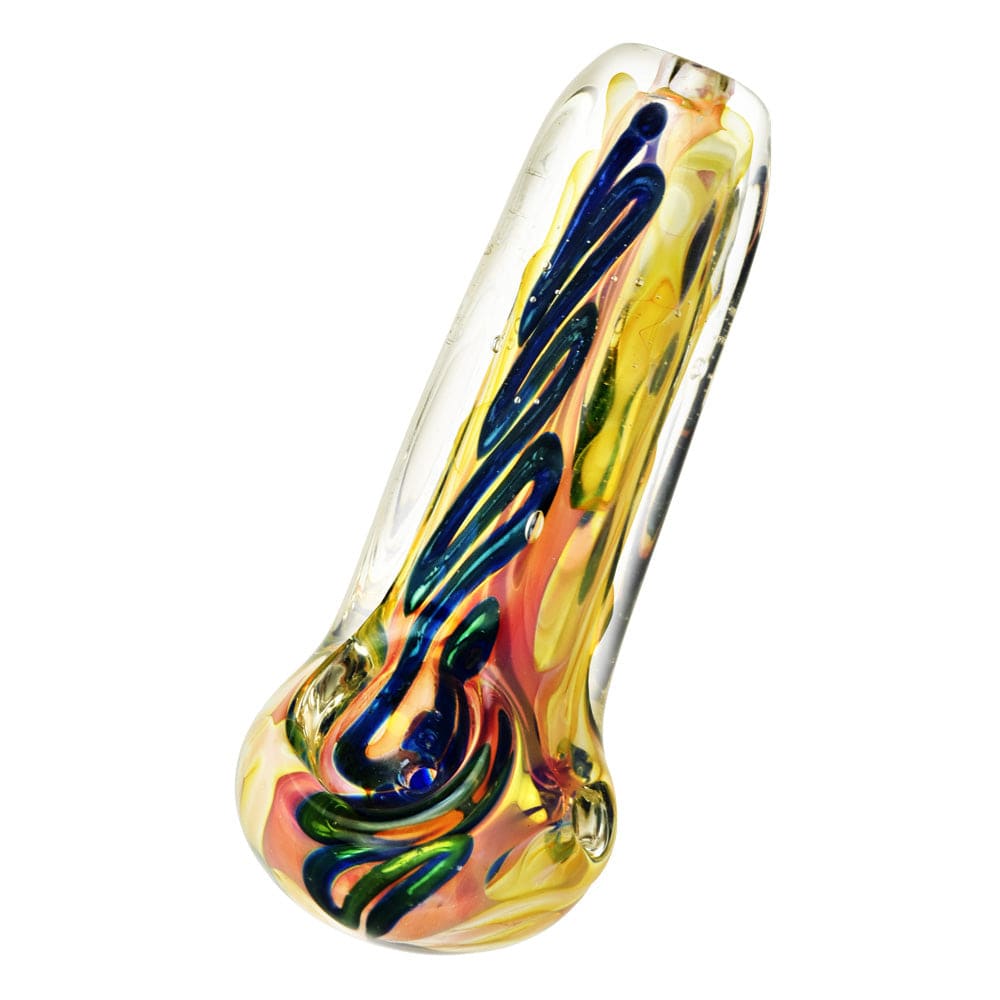 A detailed side view of the 3.75” Metallic Fumed Glass Spoon Pipe, showcasing its swirling, colorful glass pattern.