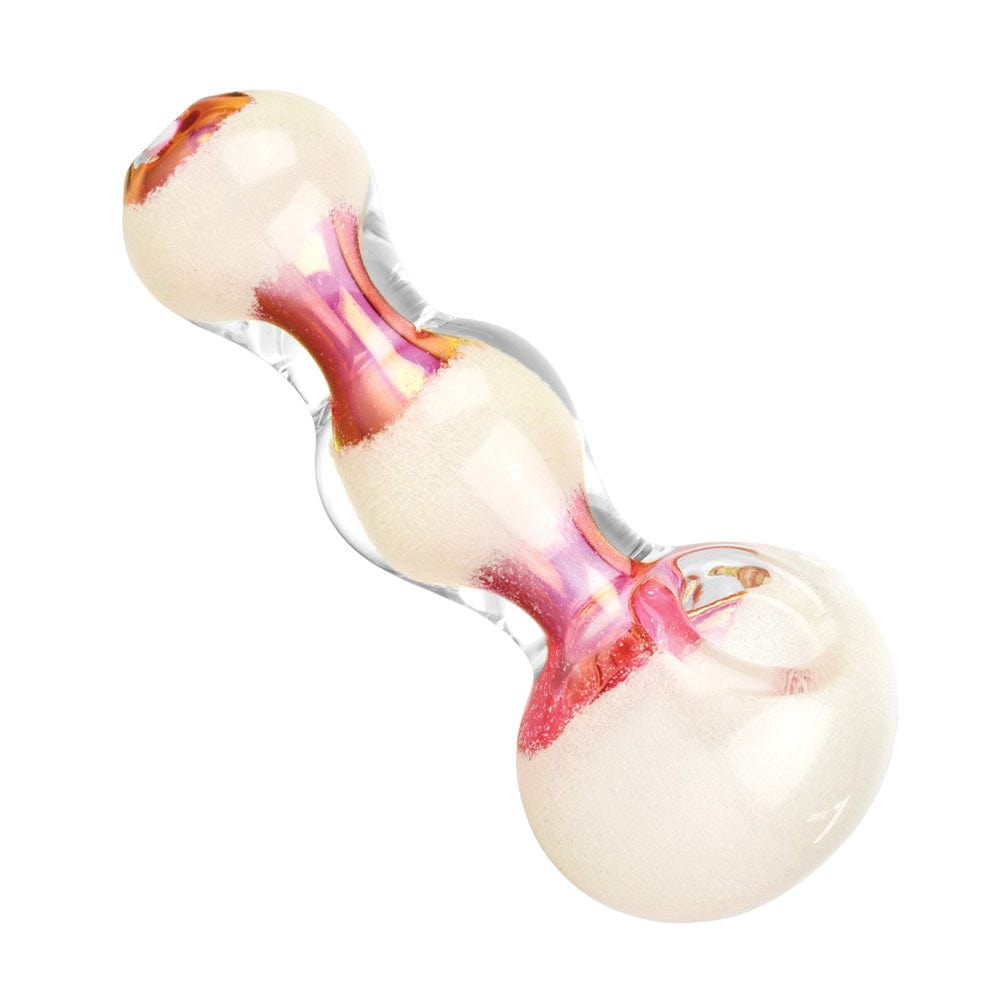 A close-up view of the Triple Glow Bubble Fumed Spoon Pipe, showcasing its curved glass design and subtle fume effect.