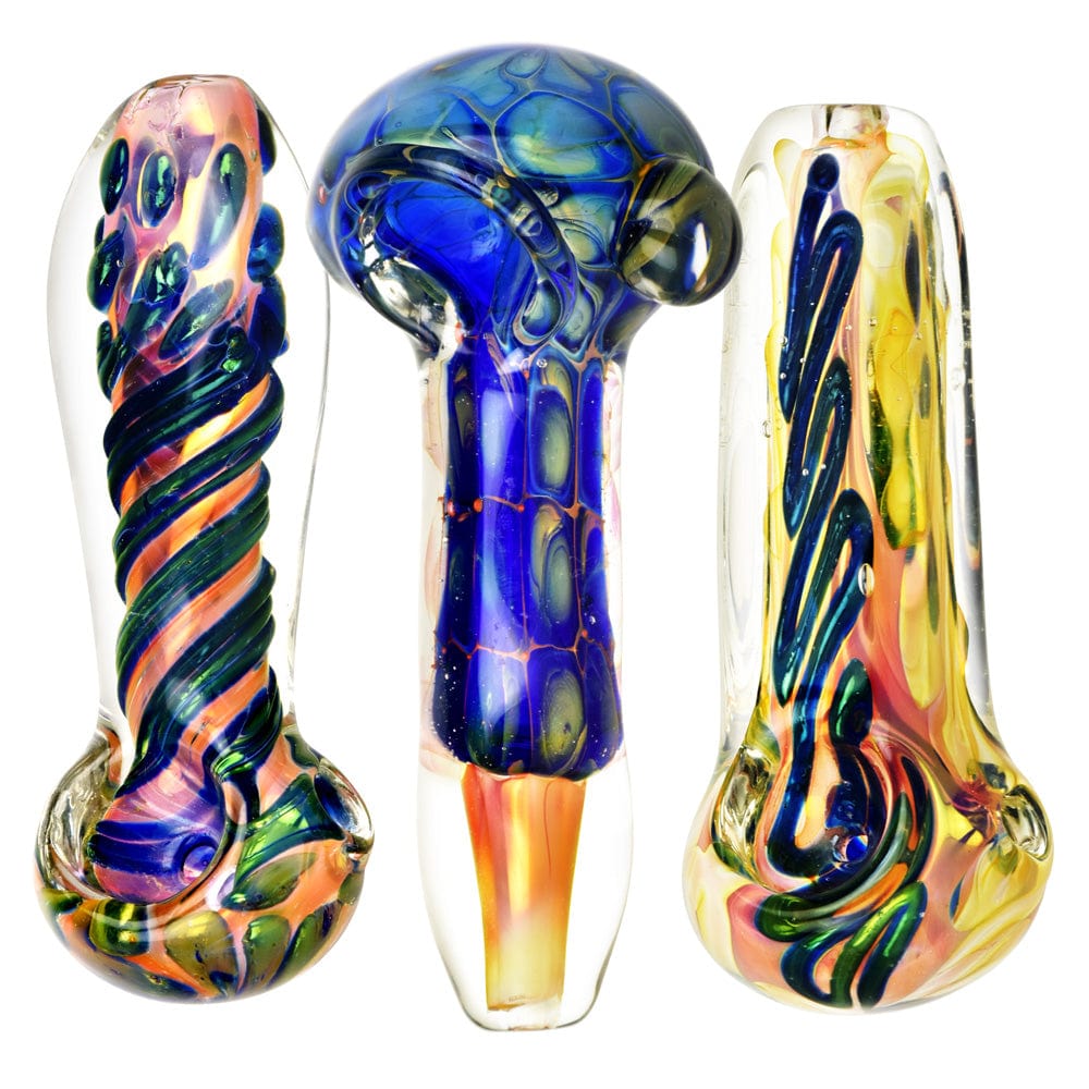 Front view of the 3.75" Metallic Fumed Glass Spoon Pipe, showing swirling blue and green glass with a smooth, curved bowl.