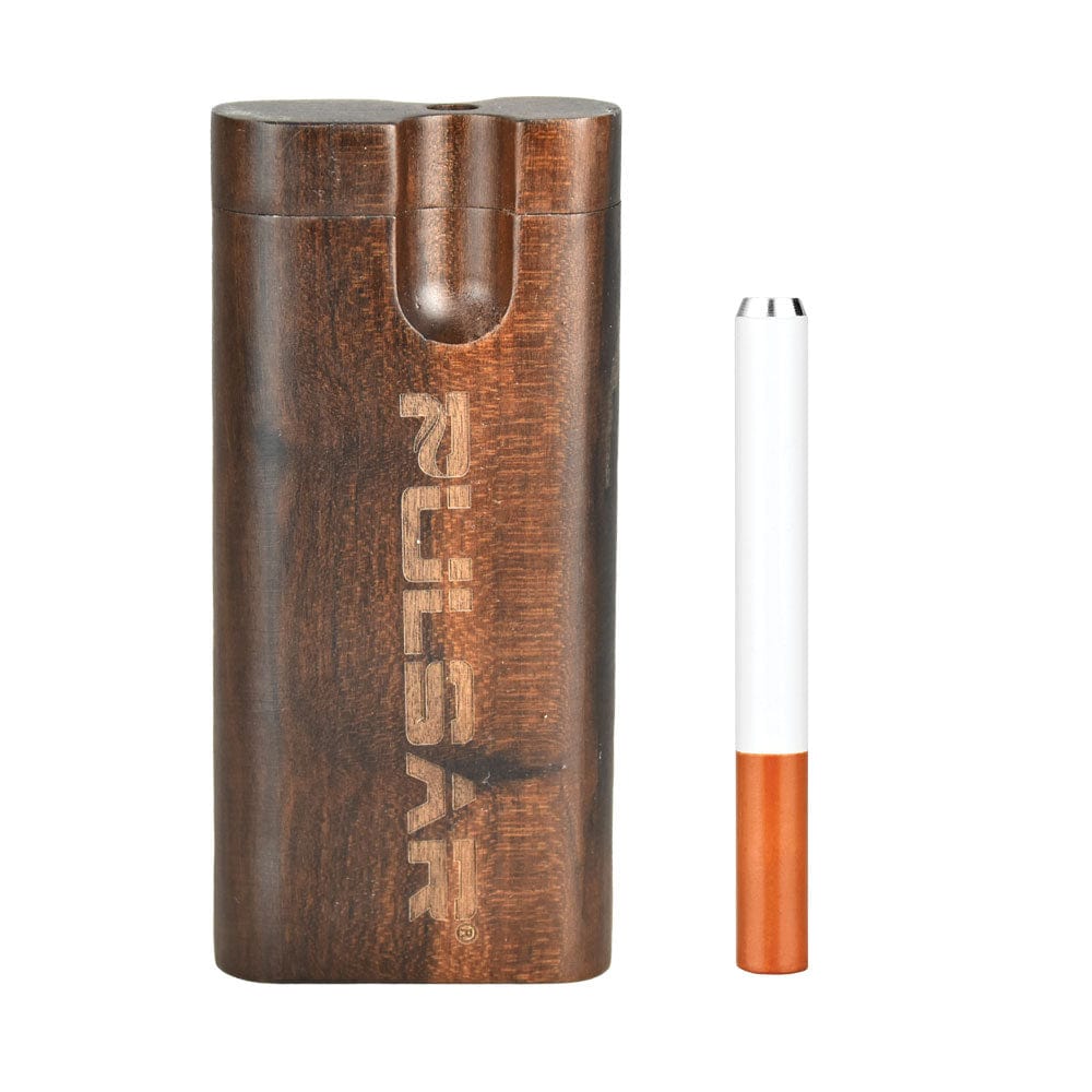 Front view of the Pulsar Straight Wood Twist Top Dugout, showcasing its cylindrical shape and wood-grain finish.