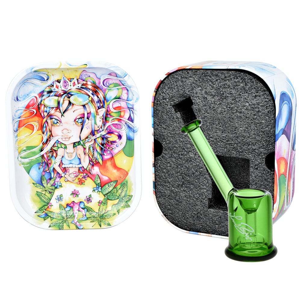 Front view of the Linda Biggs Bubbler w/ Tray Travel Tin, showcasing the bubbler inside its colorful, patterned tin case.