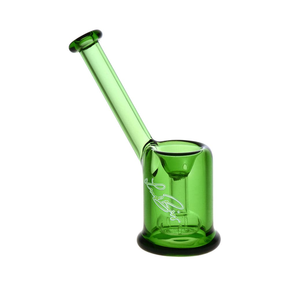 A studio shot of the Linda Biggs Bubbler, a green glass piece angled slightly from above.