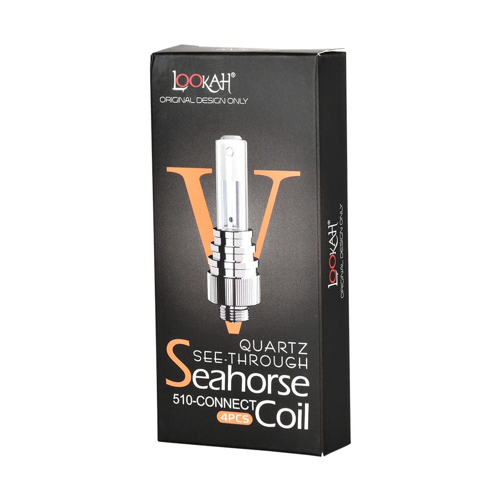 Close-up of the Lookah Seahorse Quartz See-Through Coil, showing its clear glass construction and detailed internal structure.