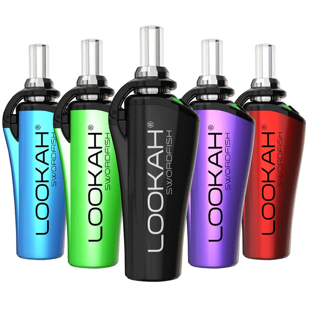 Front view of the Lookah Swordfish Concentrate Vape Pen, showcasing the sleek, cylindrical shape in a dark color scheme.