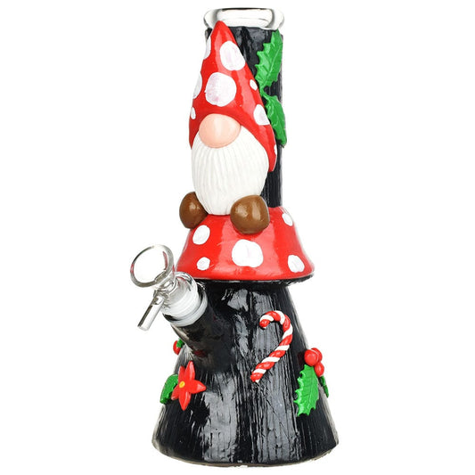A detailed side view of the Mushroom Gnome Glass & Enamel Water Pipe, featuring a colorful, enamel-decorated gnome design on a glass base.