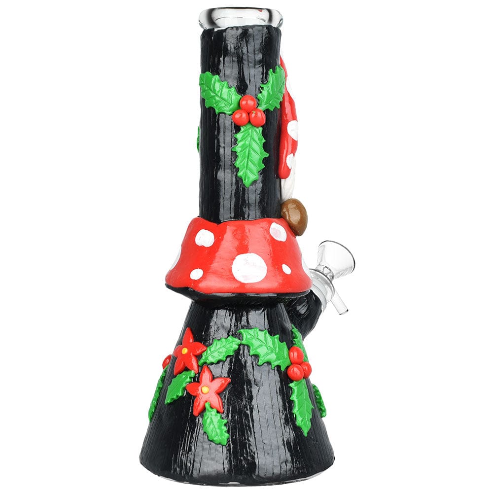 Front view of the Mushroom Gnome Glass & Enamel Water Pipe, a 9.5-inch sculpted pipe resembling a red and black mushroom.