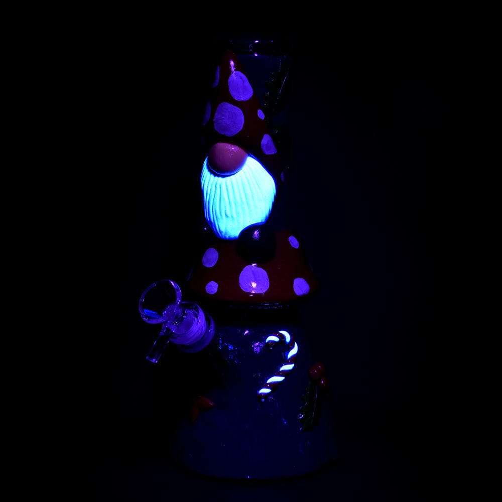 A vibrant, close-up view of the Mushroom Gnome Glass & Enamel Water Pipe, featuring a colorful, textured design and a unique, rounded shape.