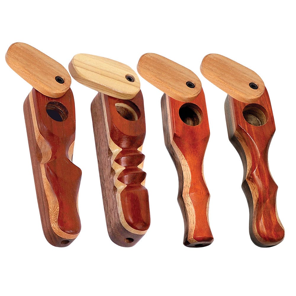 Front view of the Padauk Wood Spoon Pipe w/ Swivel Lid, showcasing its rich wood grain and compact design against a white backdrop.