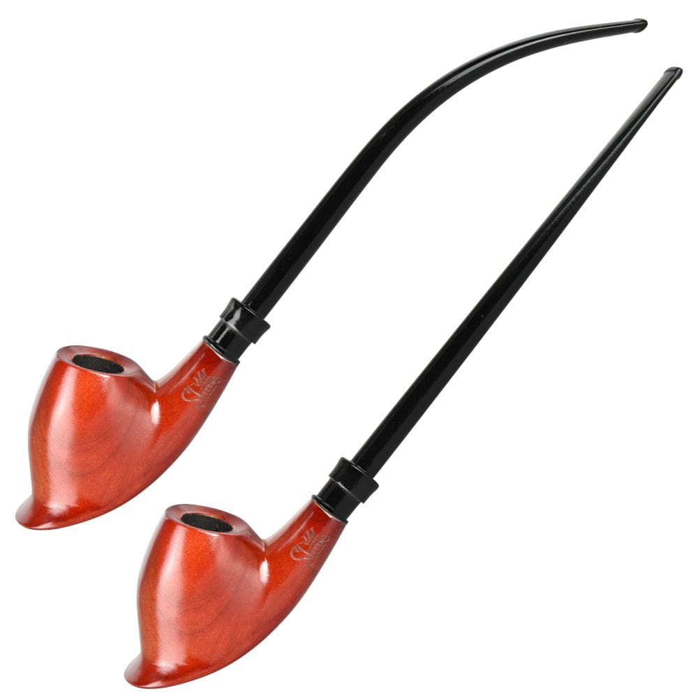 A side view of two Pulsar Shire Pipes The Choice  Ramses 2-in-1 Churchwarden Wood Pipes, showcasing their long stems and polished wood finish.