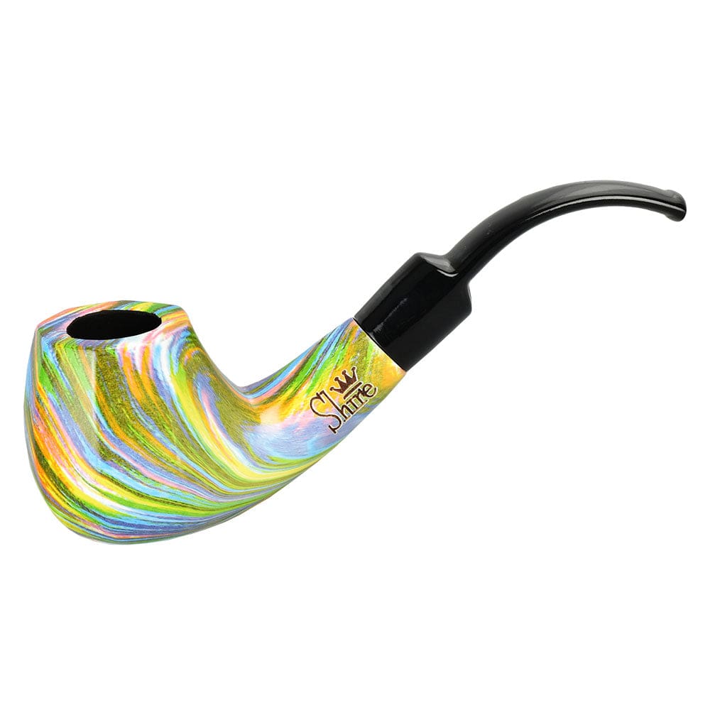 A detailed side view of the Pulsar Shire Pipes The Firebow, showcasing its rainbow wood finish and gently bent saddle stem.