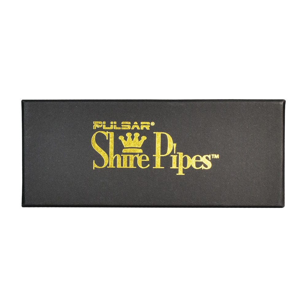 A close-up showcases the rainbow wood finish on the Pulsar Shire Pipes The Firebow, highlighting its bent brandy saddle stem design.
