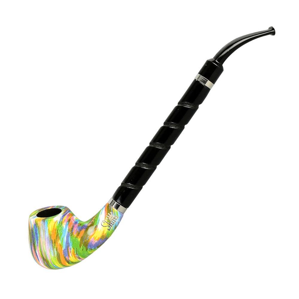 A detailed side view of the Pulsar Shire Pipes The Twister, featuring a rainbow wood pipe with a spiral, bent brandy stem.
