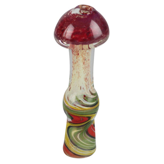 A close-up, angled view of the Rasta Shroom Tobacco Taster, showcasing its colorful glass construction.