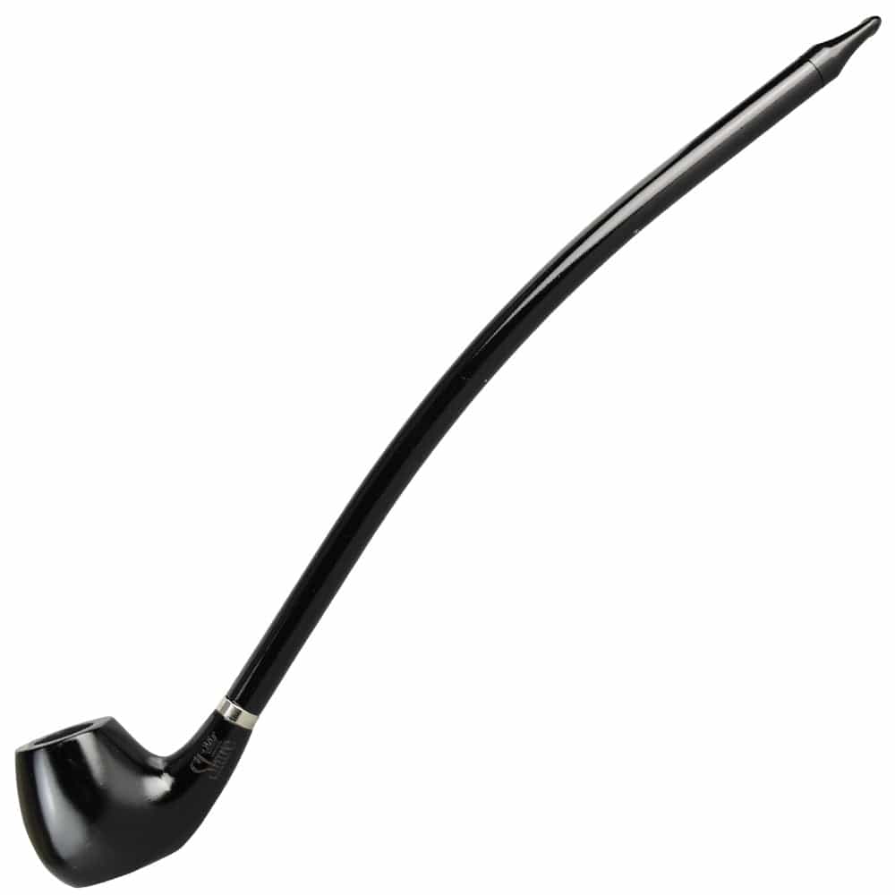 A side view of the Pulsar Shire Pipes The Charming  Bent Prince Churchwarden Smoking Pipe, showcasing its long, curved stem and dark finish.