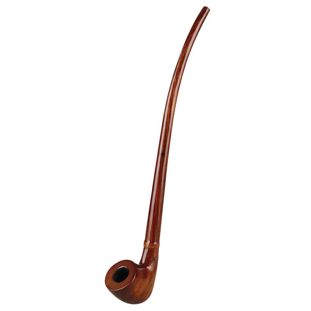 A side view of the Shire Pipes Churchwarden Tomahawk Tobacco Pipe, showing the long, curved stem and dark brown finish.
