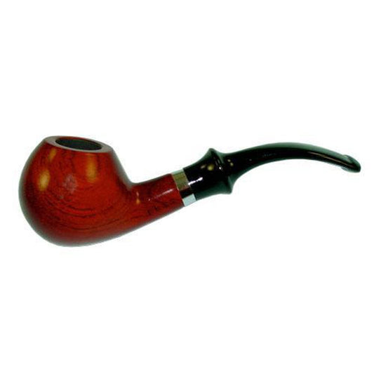 A side view of the Shire Pipes Tomato Style African Wood Tobacco Pipe, showing the curved stem and reddish-brown finish.