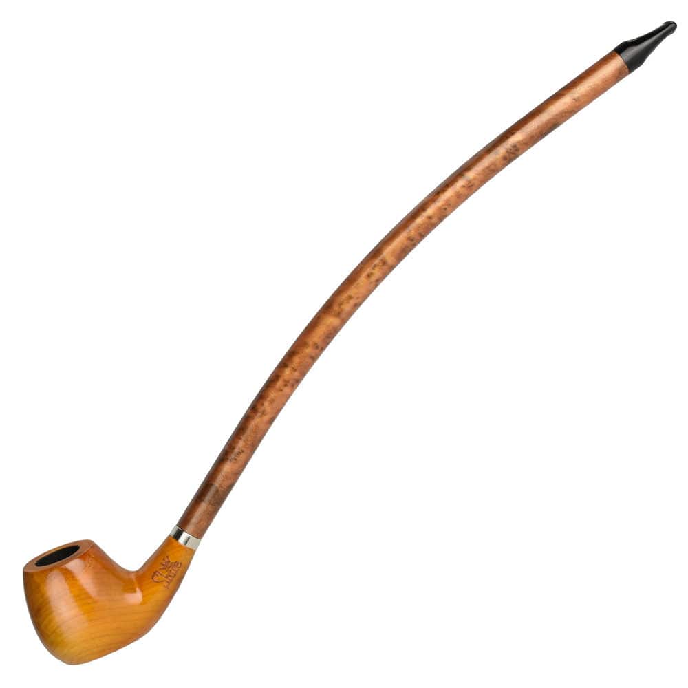 A side view of the Pulsar Shire Pipes The Charming  Bent Prince Churchwarden Smoking Pipe, featuring a curved stem and polished wood finish.