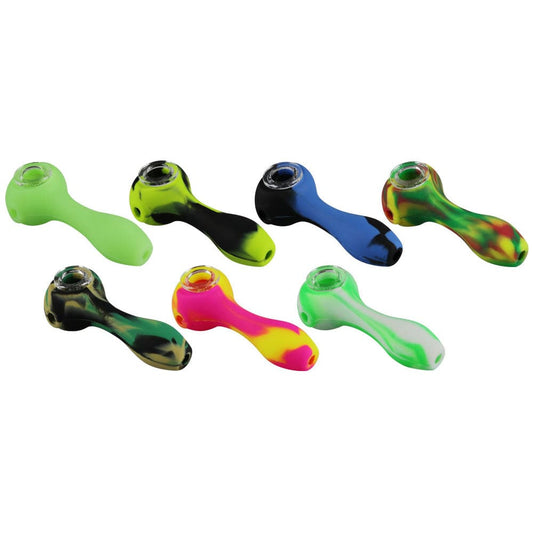 A close-up, angled view of the 4.5 Inch Silicone Spoon Pipe, showcasing its colorful, curved design against a plain white backdrop.