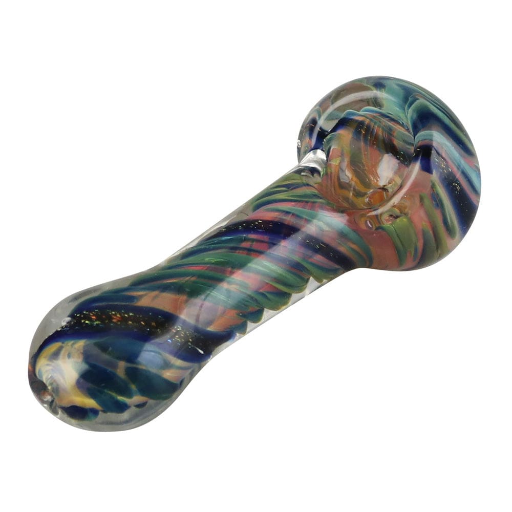 A side view of the Spiral Fumed Dicro Glass Spoon Pipe with a colorful, iridescent sheen and curved design.