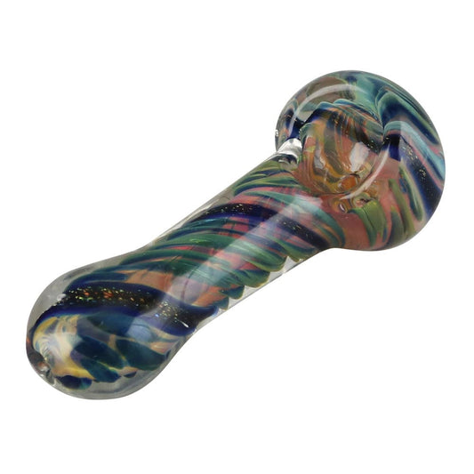 A side view of the Spiral Fumed Dicro Glass Spoon Pipe with a colorful, iridescent sheen and curved design.