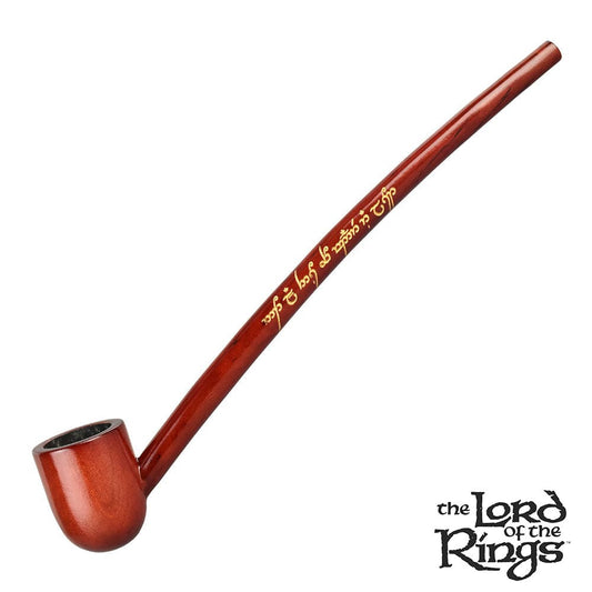 A side view of the 9-inch Pulsar Shire Pipes ARAGORN Smoking Pipe, showcasing its curved wooden stem and bowl.
