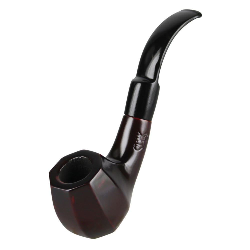 A close-up, angled view of the Pulsar Shire Pipes Bent Octagon Brandy Cherry Wood pipe, showcasing its rich, wood-grain finish.