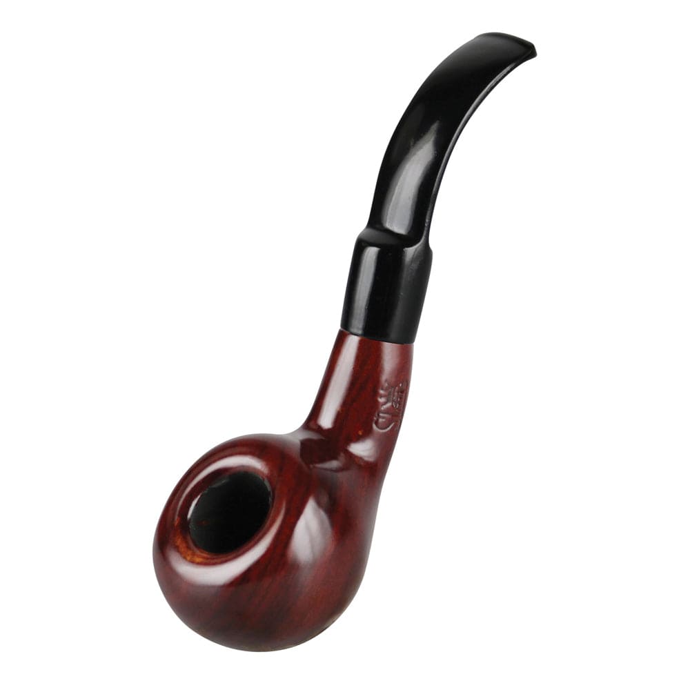 A side view of the Pulsar Shire Pipes Bent Tomato Cherry Wood pipe, highlighting its curved shape and polished wood finish.