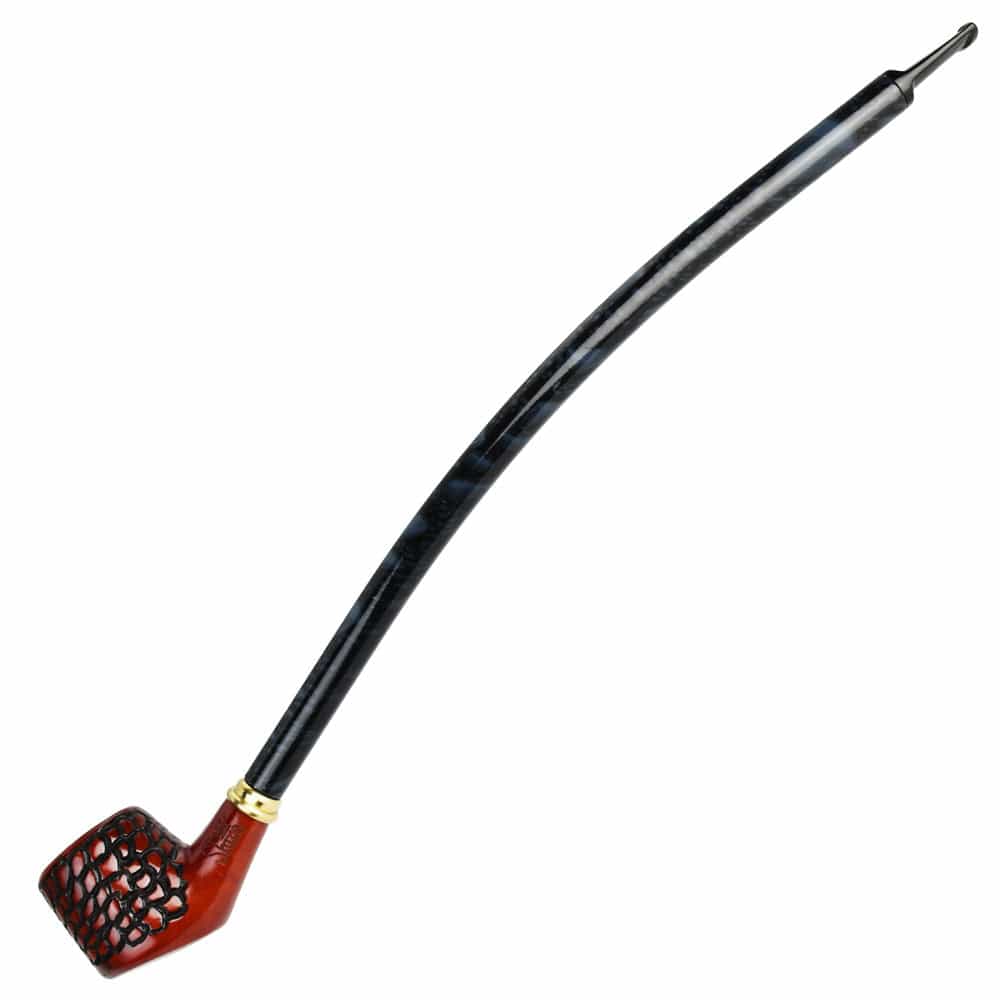A side view of the 15-inch Pulsar Shire Pipes Curved Engraved Cherry Wood Tobacco Pipe, showcasing its detailed engraving.