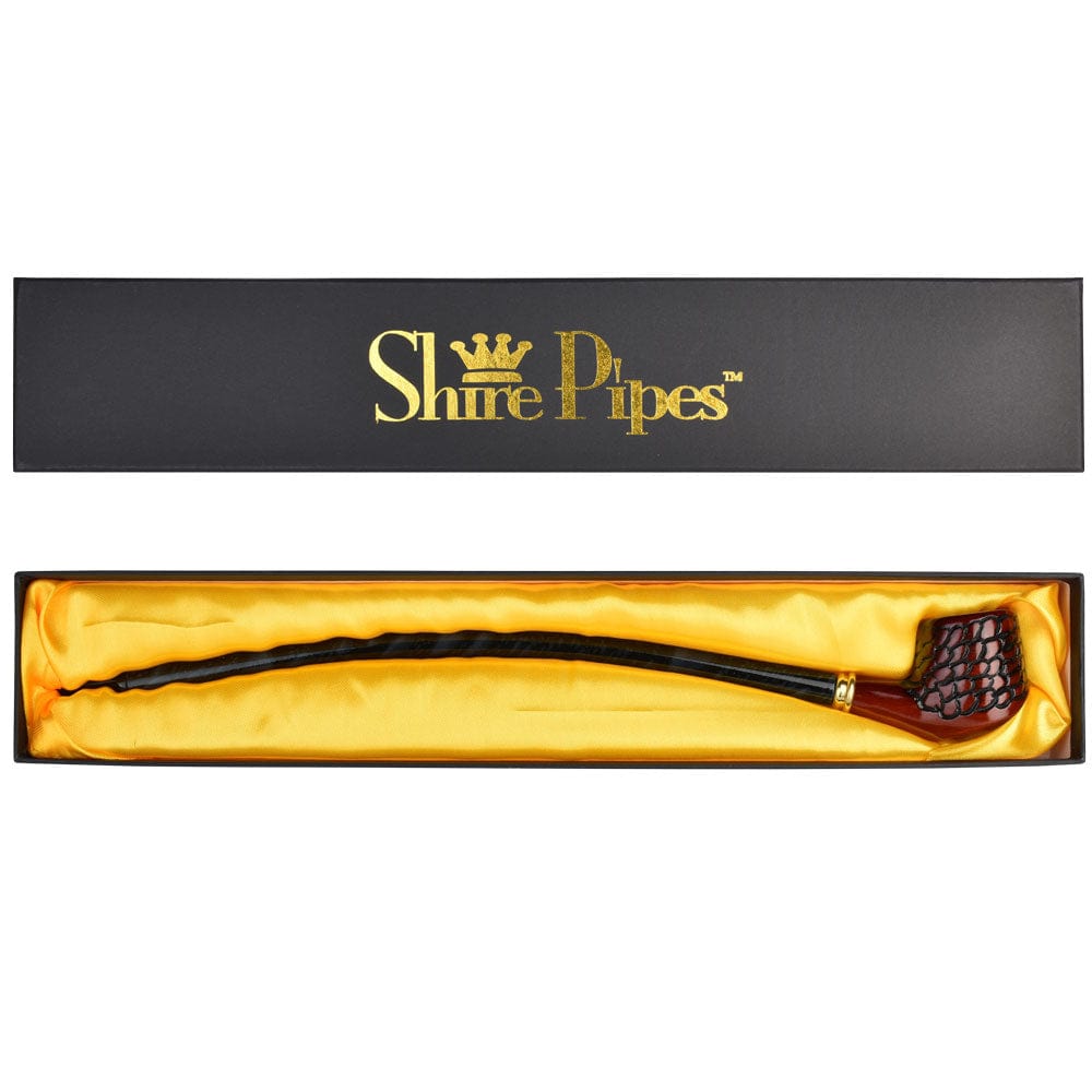 A close-up of the 15-inch Pulsar Shire Pipes Curved Engraved Cherry Wood Tobacco Pipe, showcasing its detailed engraving.