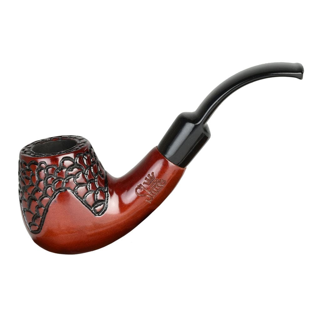 A close-up view of the Pulsar Shire Pipes Engraved Bent Brandy Cherry Wood pipe, showing its curved shape and detailed engraving.