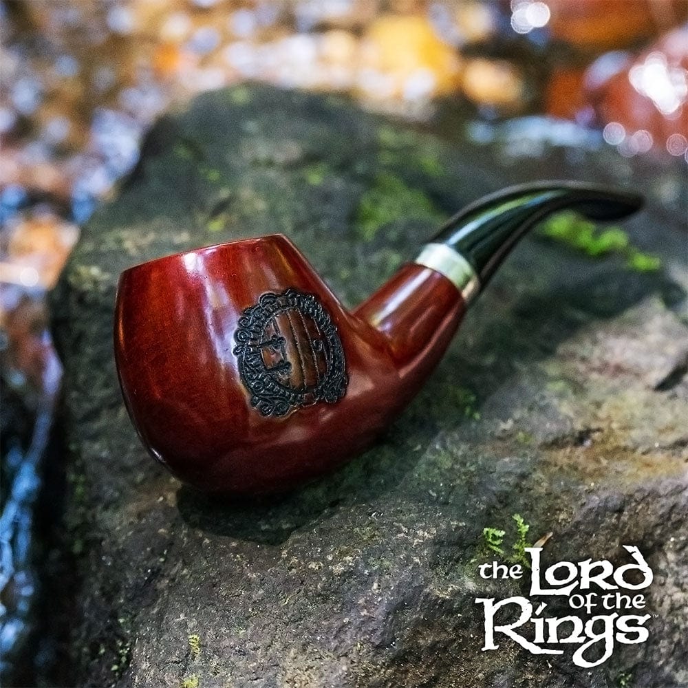 A close-up, angled view of the Pulsar Shire Pipes HOBBITON Smoking Pipe, showcasing its detailed brown finish and curved bowl.