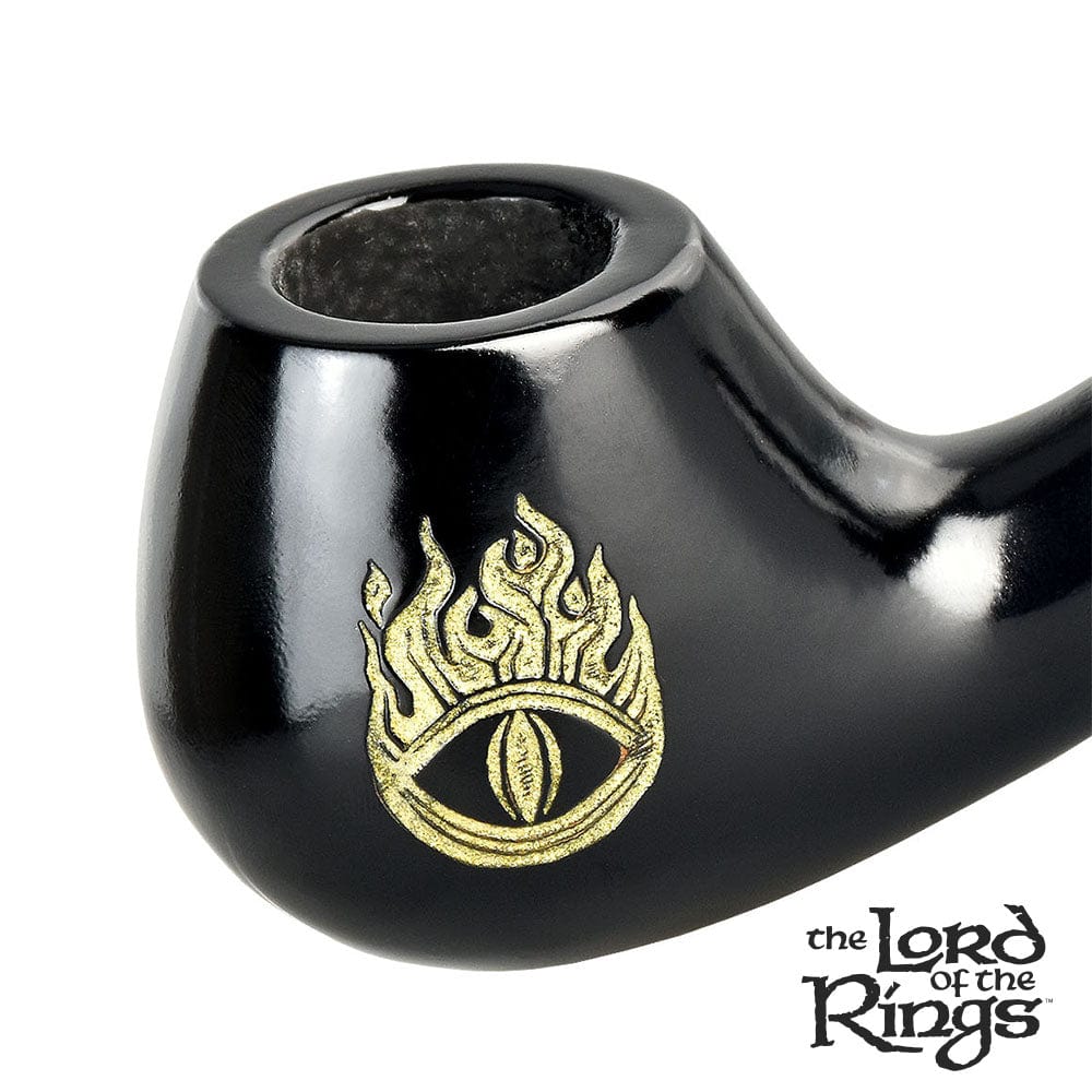 Front view of the Pulsar Shire Pipes SAURON Smoking Pipe, a dark-colored pipe with a curved shape and detailed engravings.