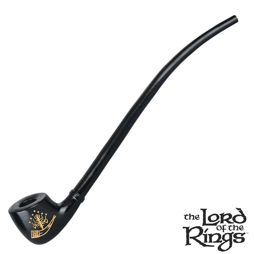 A side view of the 13-inch Pulsar Shire Pipes BOROMIR smoking pipe, showcasing its curved design against a plain white background.